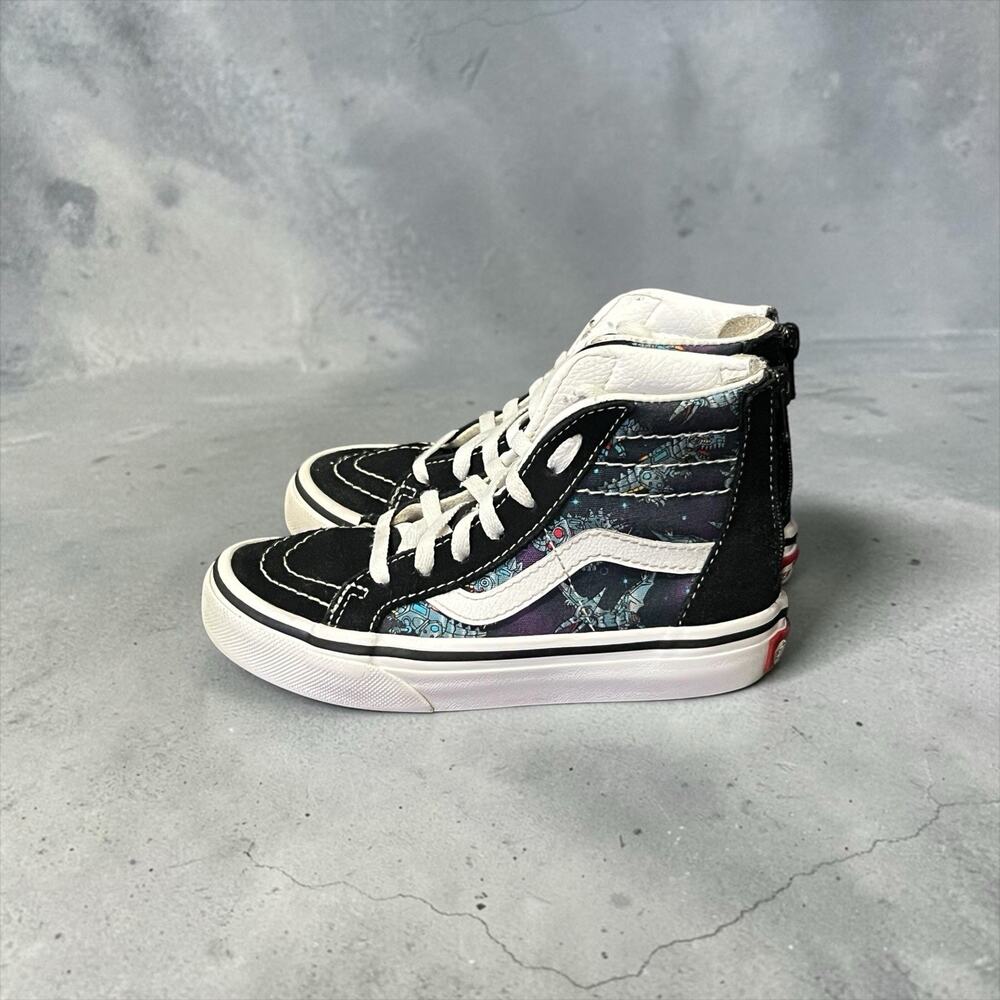 Vans Kids Sk8-Hi Zip shoes featuring a "Robotic Dino Blue" pattern Kids 11.5 EU